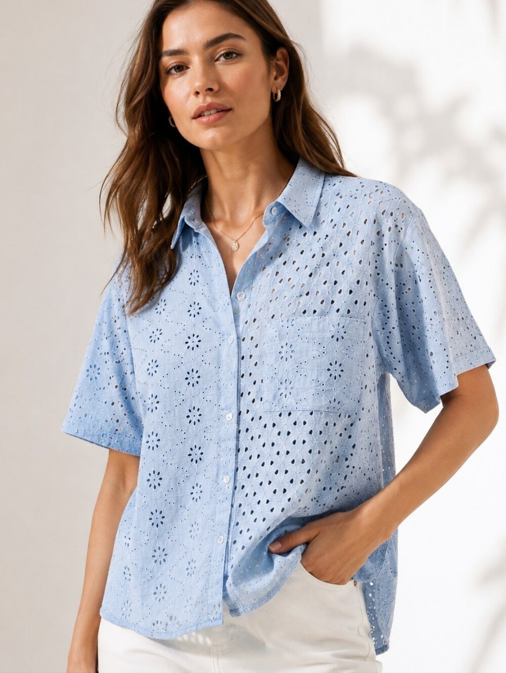 NWT SUNDANCE Light Blue Eyelet Camp Shirt Short Sleeve Button Down Petite Small